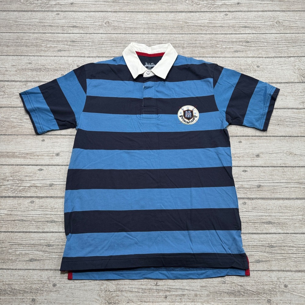 B.U.M. Equipment Rugby Polo Shirt Men's Small Blue Striped Short Sleeve Cotton